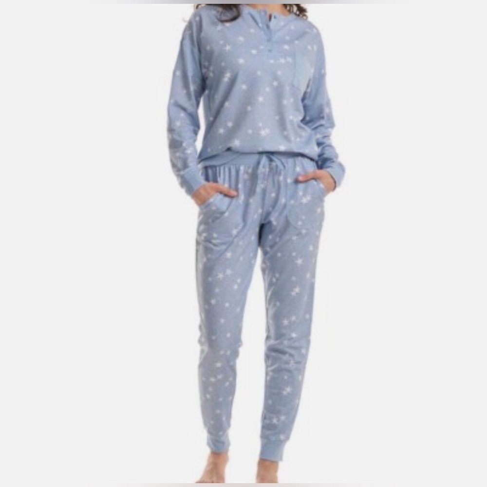 Splendid Women 2 Piece Lounge Set Henley Top Jogger Pant Blue-Stars Sz 2XL